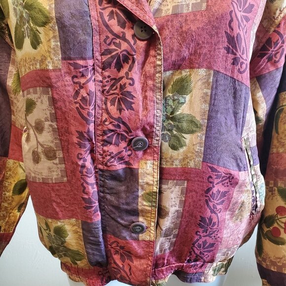Vintage Stunt Sports 100% Silk Patchwork Jacket Small Boho 90 Bomber Flora Fruit - Picture 3 of 12